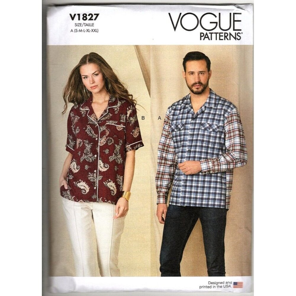 Vogue V1827 Unisex XS to XXL Adult Button Front Shirts Uncut Sewing Pattern